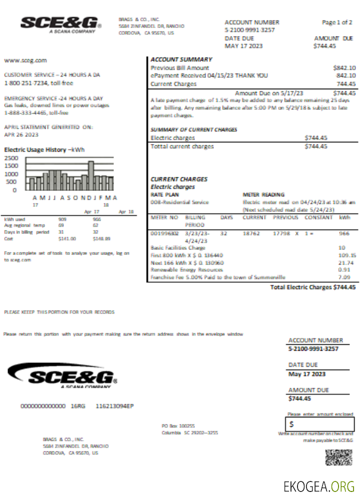 Facture commerciale du service public d'électricité SCE&G de Caroline du Sud, SCR